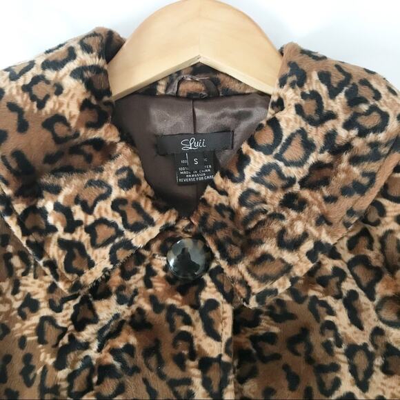 Luii Faux Fur Leopard Animal Print Classic Fall peplum jacket coat Brown Black S - Picture 5 of 15